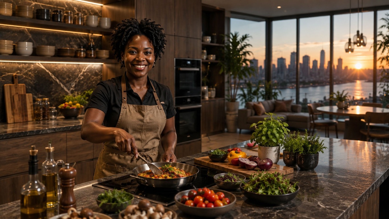Chef Kiara cooking in her home kitchen