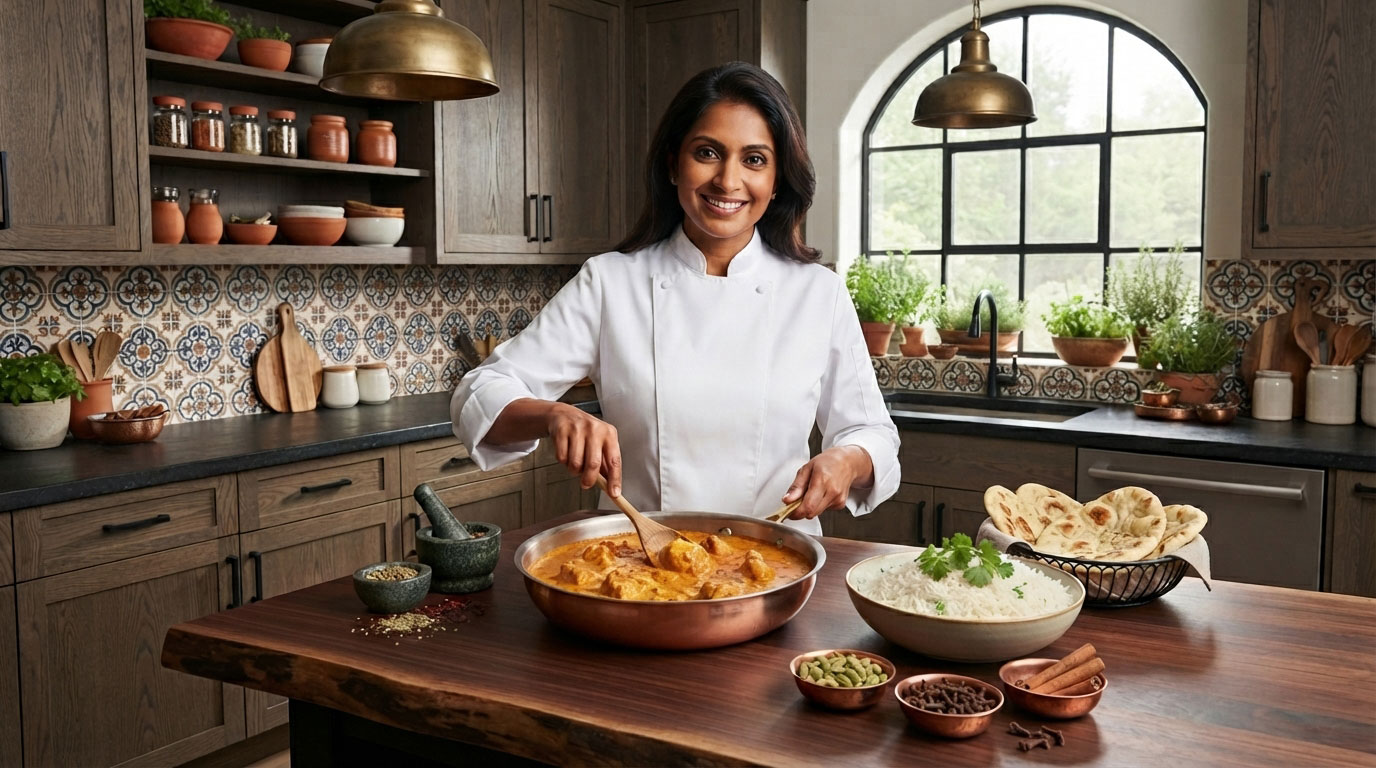 Chef Priya cooking in her kitchen
