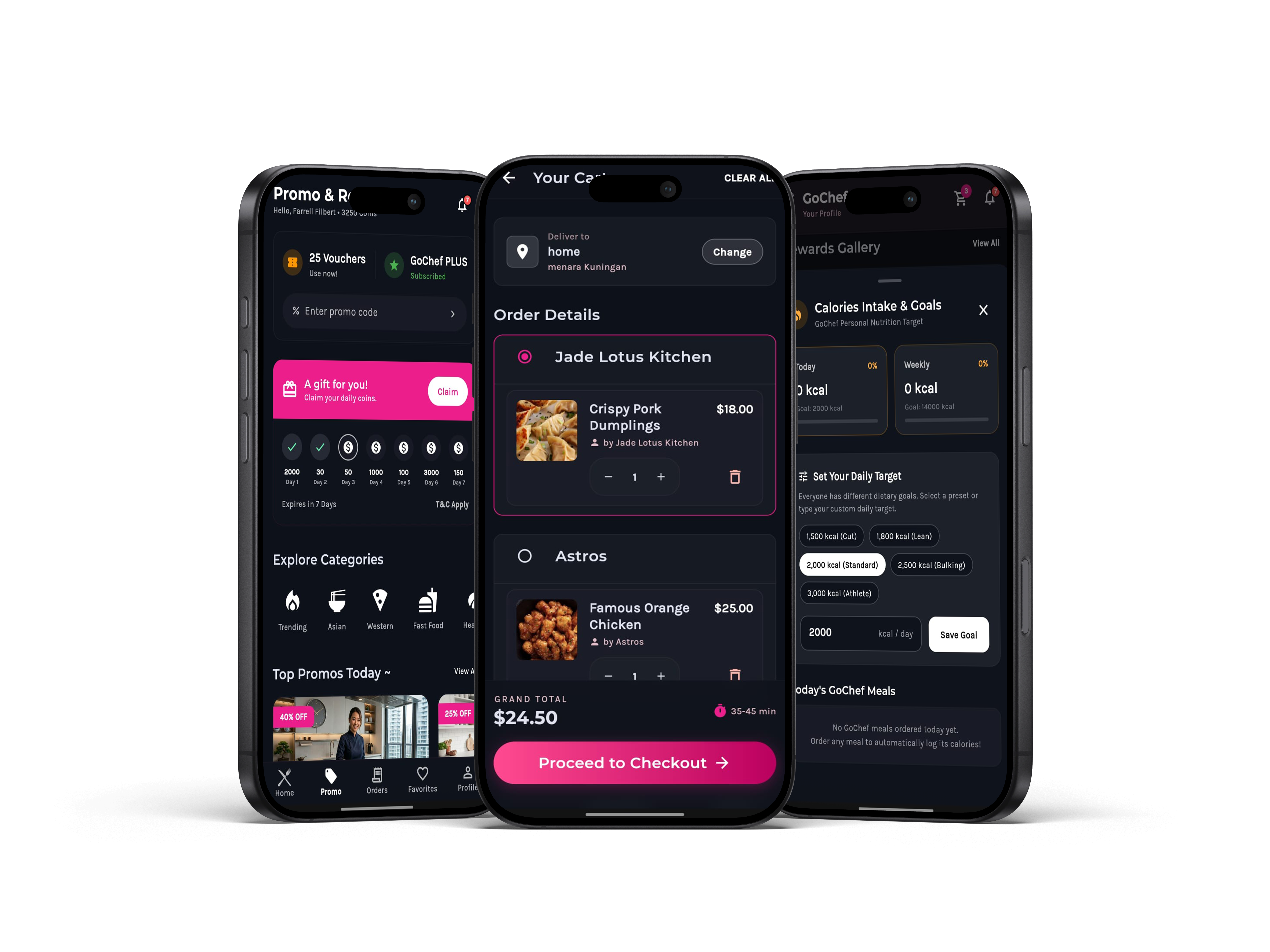 GoChef app screens displayed on three phone mockups